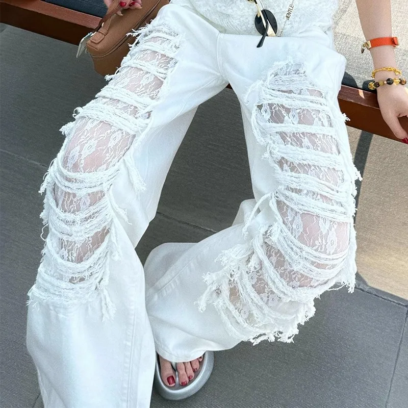 

American Vintage Lace Distressed Jeans Women Y2K Fashion High Waist Loose Wide Leg Pants 2025 Casual Denim Trousers Streetwear