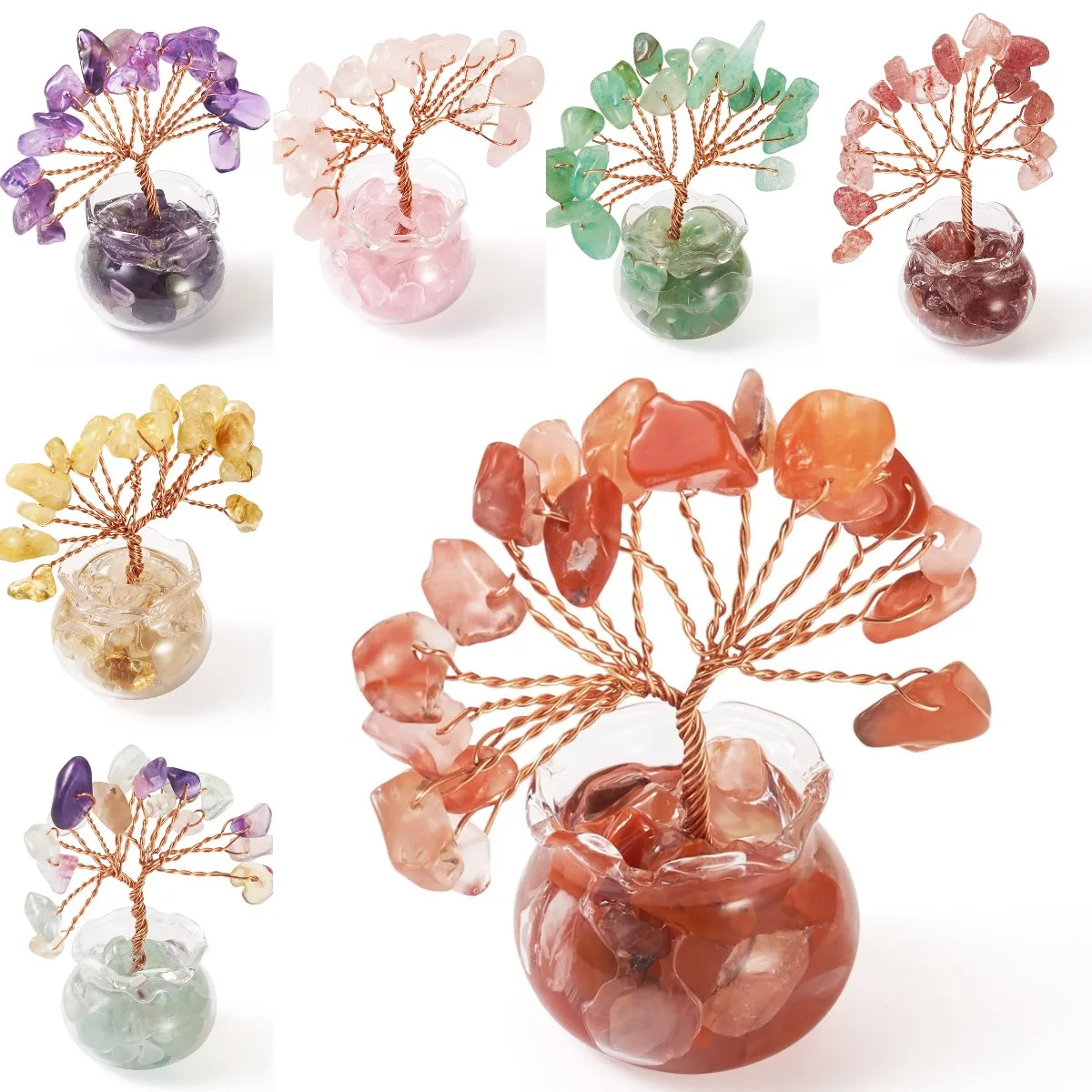 1Pc Natural Rose Quartz Chips Tree Decorations Glass Vase Base Copper Wire Feng Shui Energy Stone Gift for Home Desktop Decor