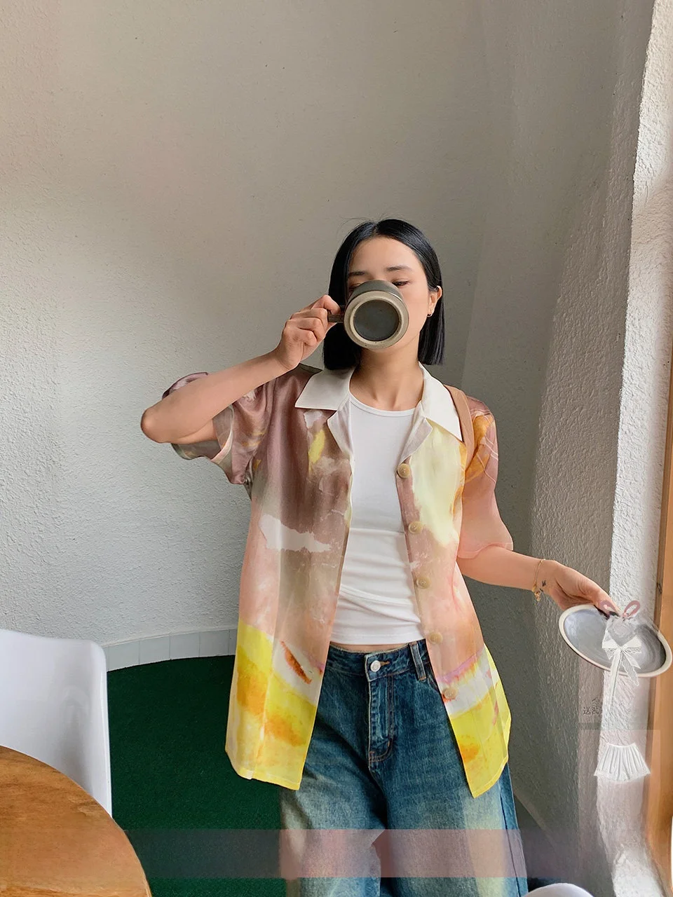 

3JUNWEI LIN Cuban Collar ort Sve Printed Chiffon irt DEARSOCUTE Women's Loose Fit Faionable Blouse