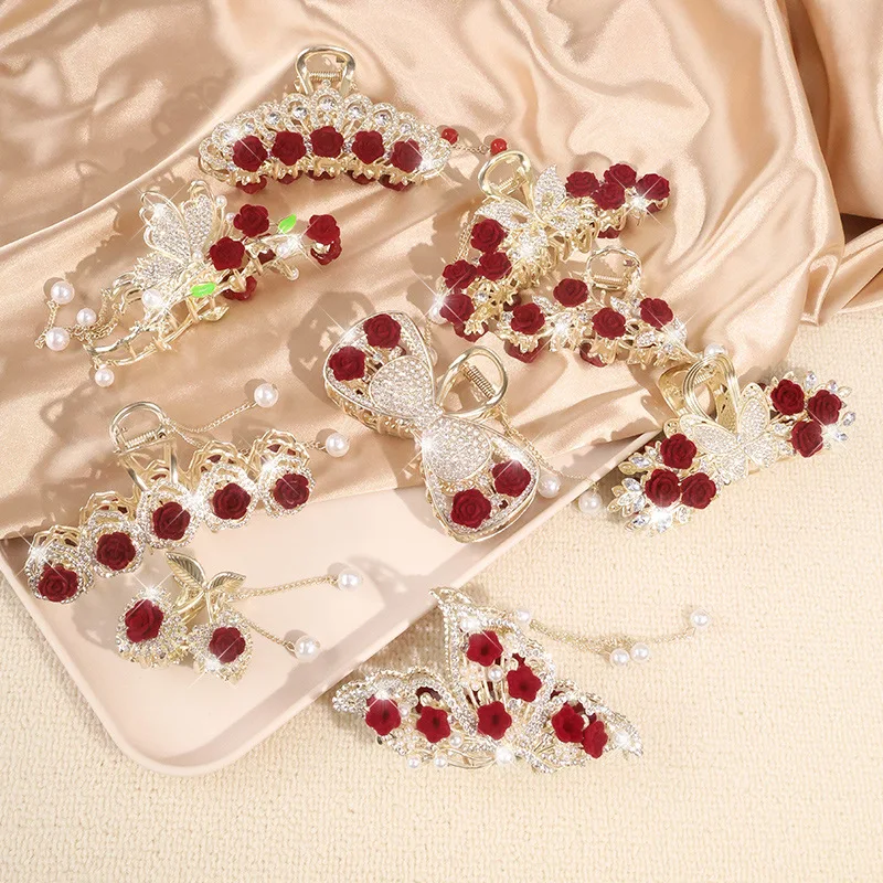 Mode Romatics Mode antike rote Rosen Blumen Haarklammern für Frauen DiamondMetal Haarschmuck – Detail 1