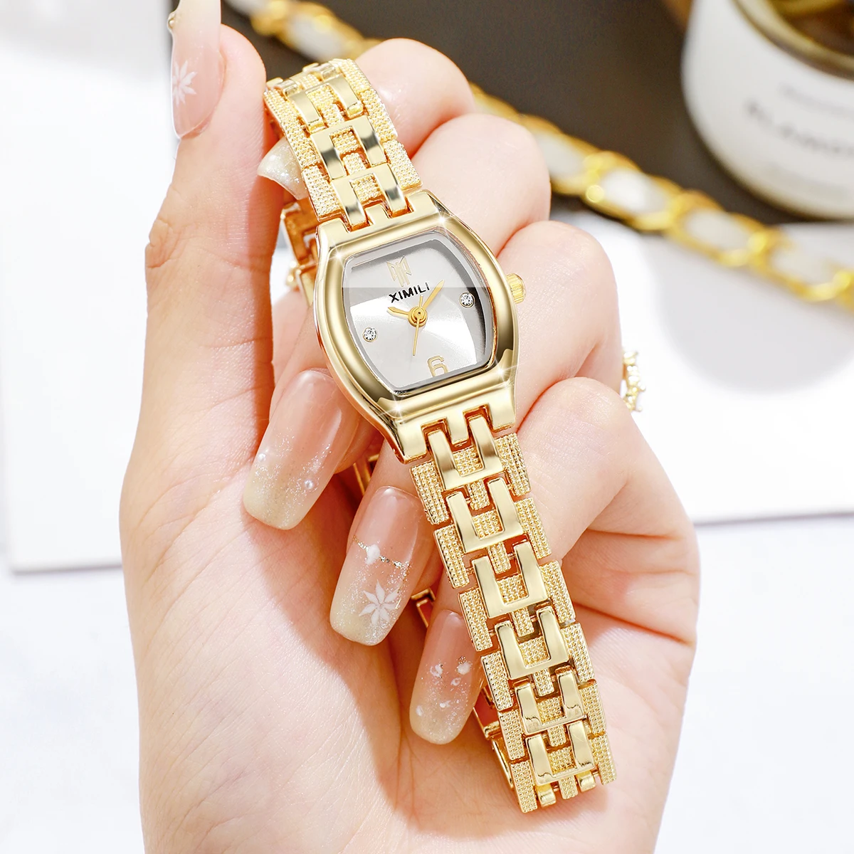 Fashion Tonneau Dial Women Watches Stainless Steel Bracelet Strap Ladies Dress Quartz Wristwatch Relogio Feminino（Without Box）