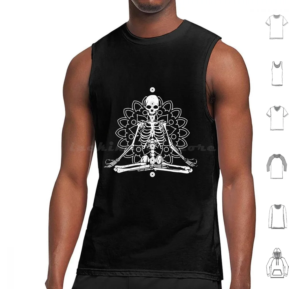 Halloween Meditating Skeleton Tank Tops Print Cotton All Hallows Eve Halloween Halloween Skeleton Healthy Lifestyle