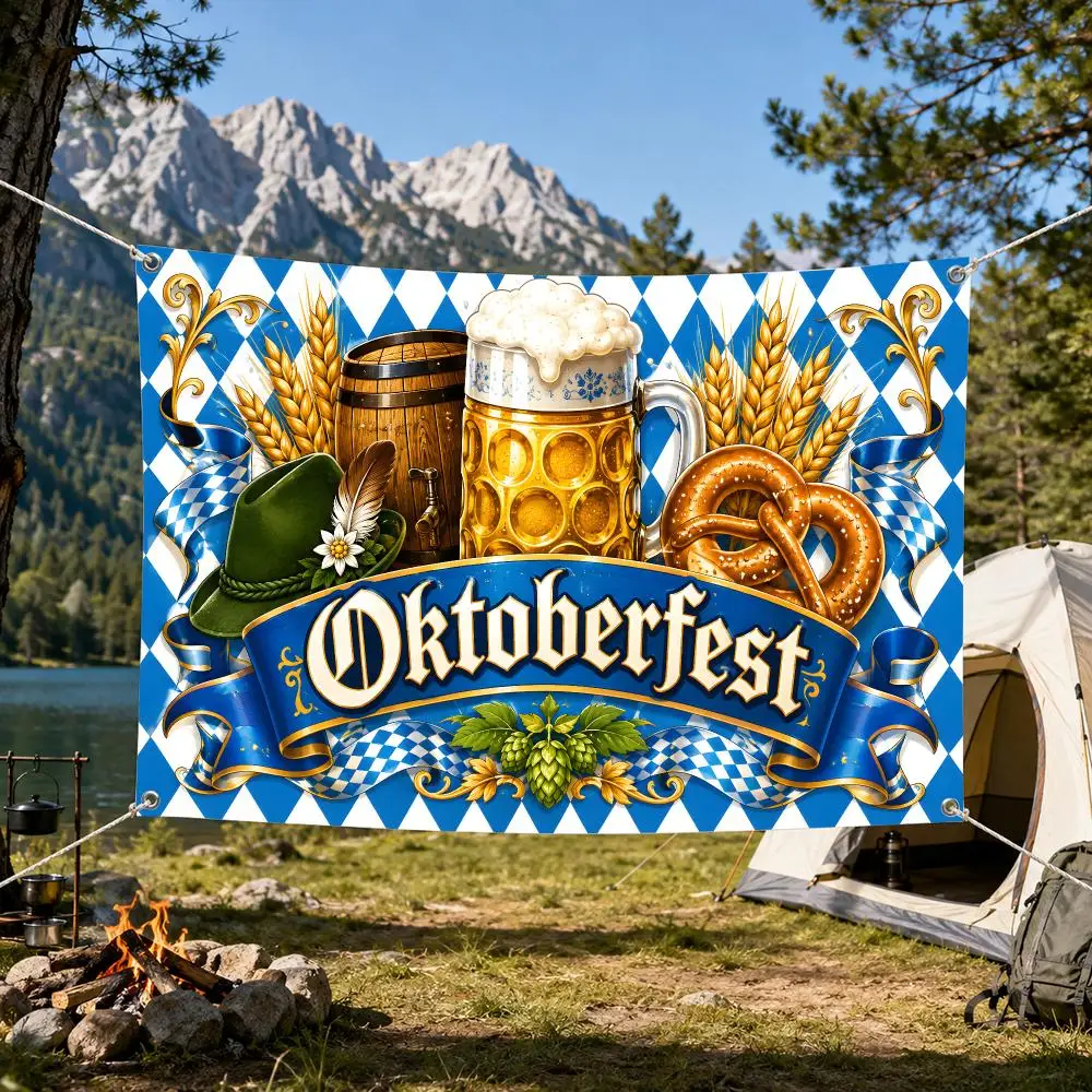 Oktoberfest flag vivid print durable easy hang reusable bar porch yard party beer mugs pretzel wheat barrel Bavaria decor Flags