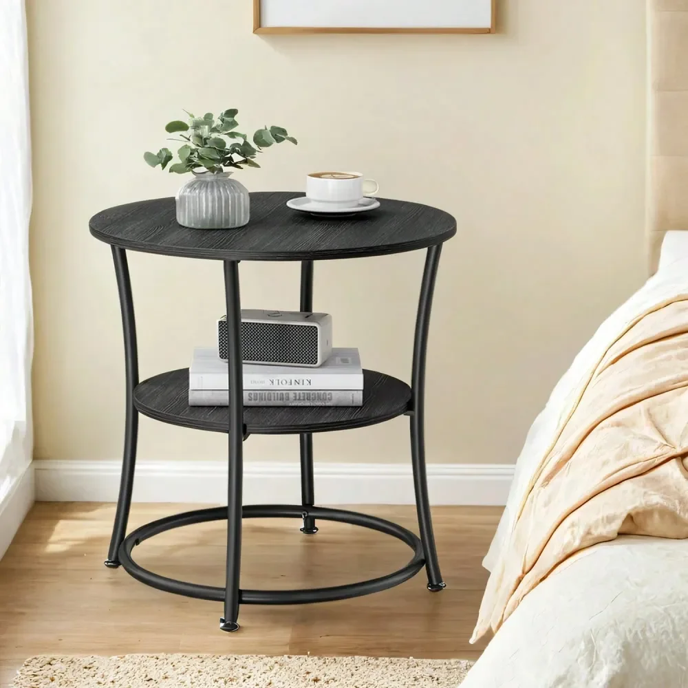 

Side Table, Round End Table With 2 Storage Shelves For Living Room, Bedroom, Nightstand With Steel Frame For Small Spaces, Acce