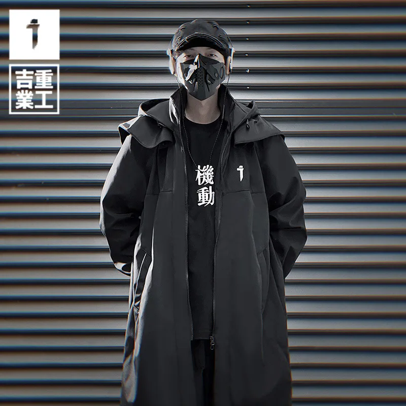 2024 Autumn New Arrival Men Techwear Style Trench Coat Y2K High Street Double Zipper Tactical Function Mid-length Hooded Coat