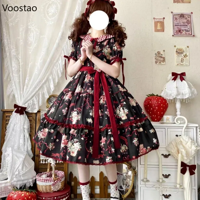 Sukienka w stylu wiktoriańskim, słodka, elegancka Lolita, damska, kawaii, urocza, z nadrukiem misia z kreskówki, falbankami, kokardą, sukienka księżniczki, vintage, na wieczorne przyjęcie.