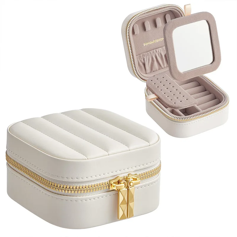Double Storage Box Ring Earrings Organization Small Fine Grid Pattern Palm Zipper Bag Large Flap Leather Double Box