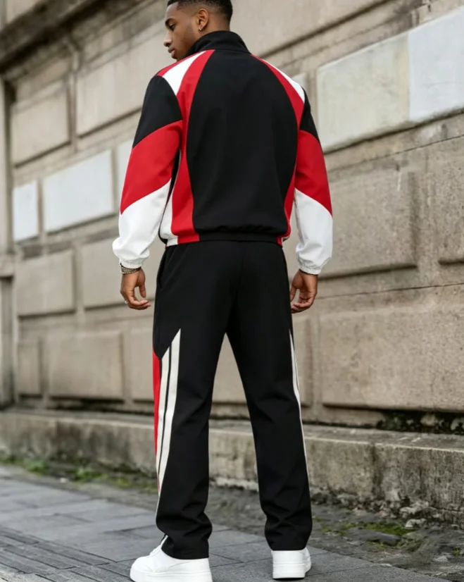 Men's Jacket Suit Color-Blocked Multi-Color Stand Collar Short Jacket Top with Long Pants, School Uniform, Team Outfit, Sports C