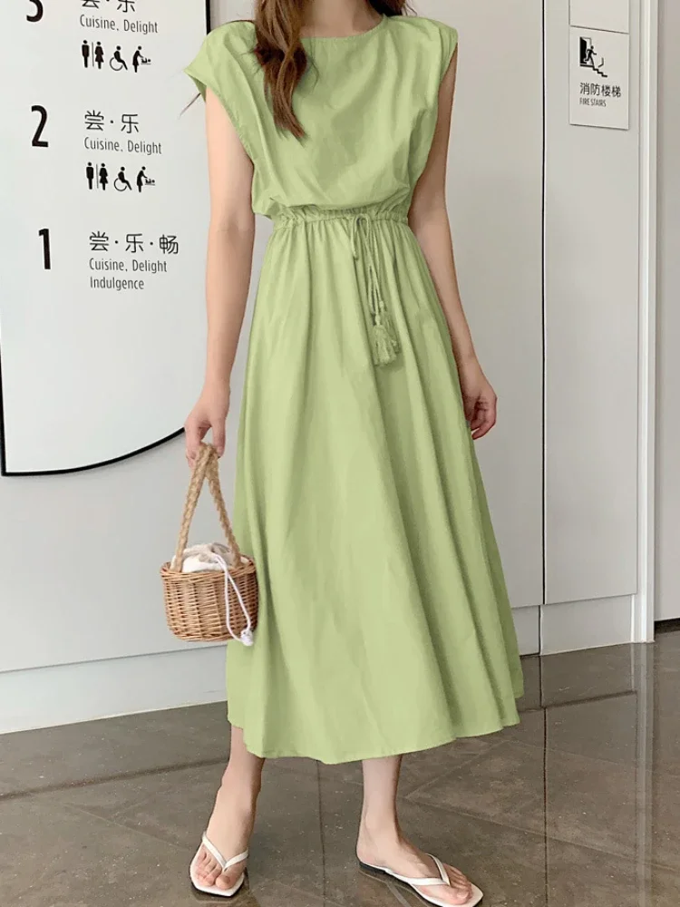 Dress Round Neck Sleeveless Elastic Waist Solid Color New In Dresses Fashion Comfortable Leisure Clothes for Women Streetwear