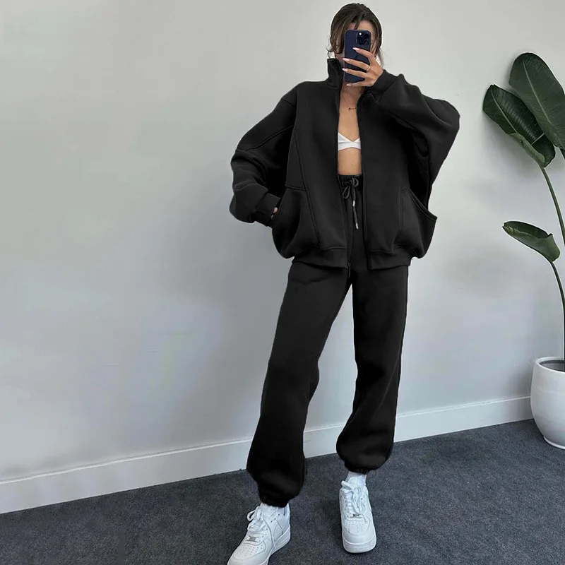 Solid Color Suit Sports Style Autumn 2025 Winter Jacket And Trousers Two-piece Set Pantolon Setleri Women Two Piece Knitwear Set