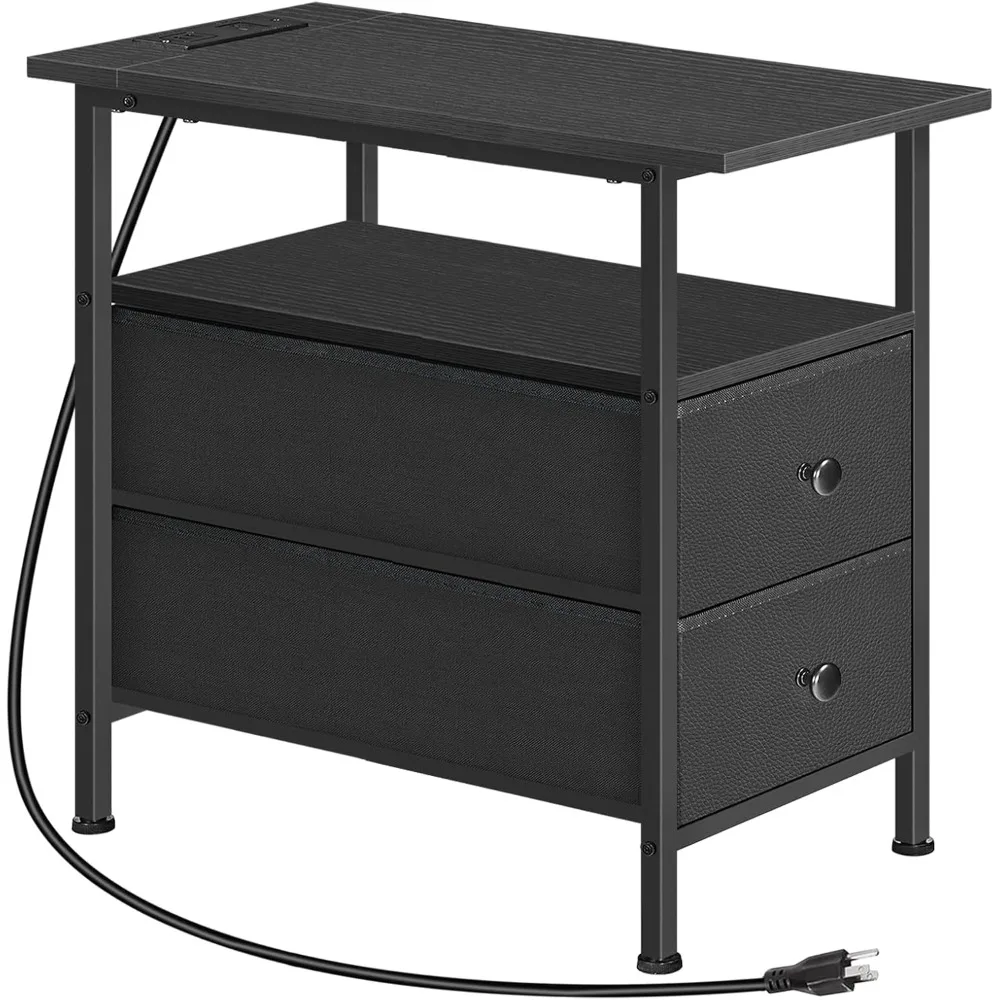 

End Table with Charging Station, Narrow Side Table, Nightstand with 2 Non-Woven Drawers, Slim Sofa Side Table, for Small Spaces