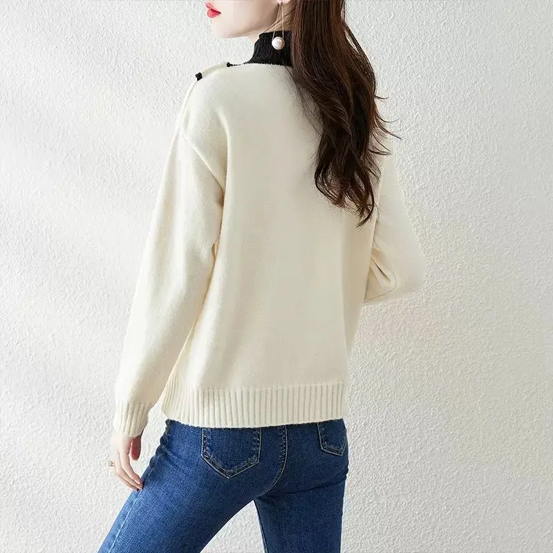 Fashion Women Clothing Sweaters Pullovers Spring Autumn Half High Collar Fake Two Pieces Loose Casual Long Sleeve Knitted Tops