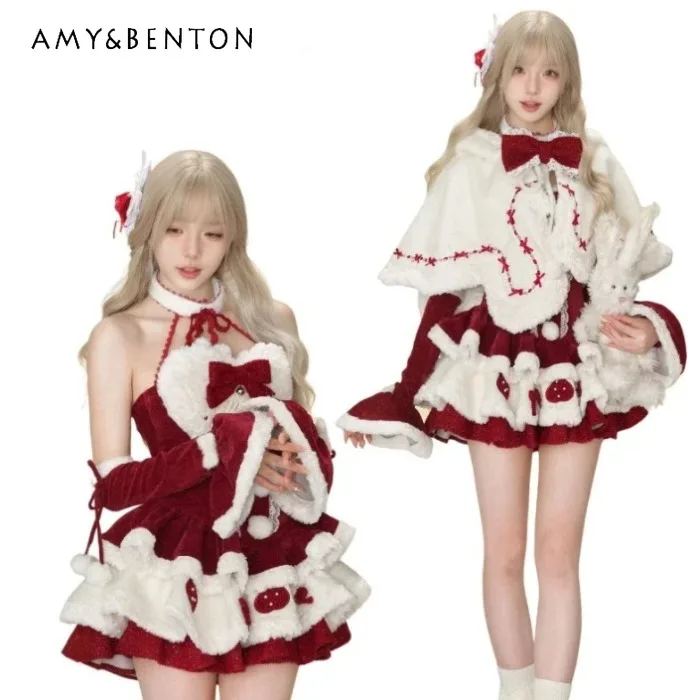 

2025 New Japanese Style Autumn and Winter Plush Rabbit Ear Cape with Sleeveless Red Velvet Suspender Bow High Waist Slim Dress