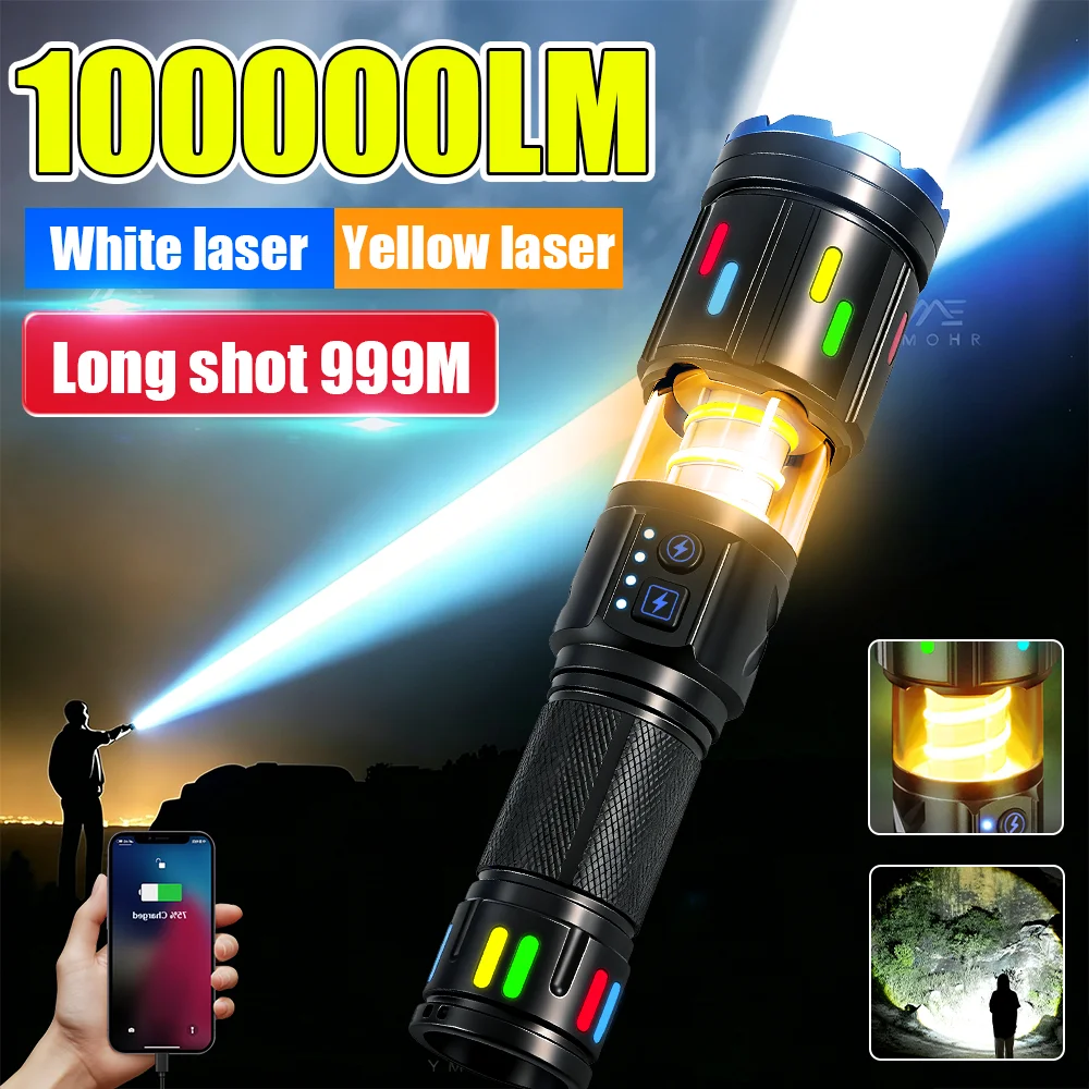 

White Laser Flashlights High Power Dual Lights Rechargeable LED Flashlight Tactical Torch Power Bank Outdoor Camping Lantern