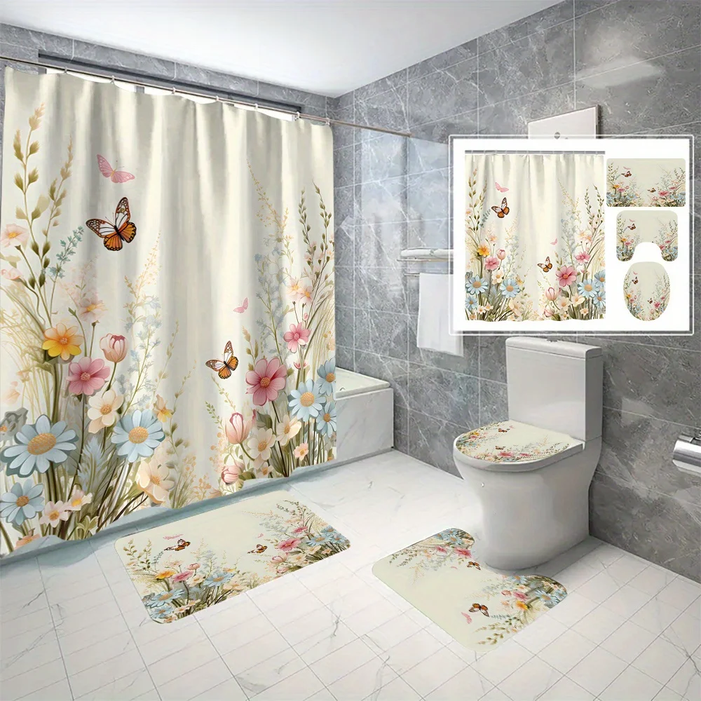 

Набор из 4 предметов: занавески для ванной комнаты в форме цветка и бабочки, занавеска для душа с цифровой печатью, U-образный коврик, противоскользящий коврик