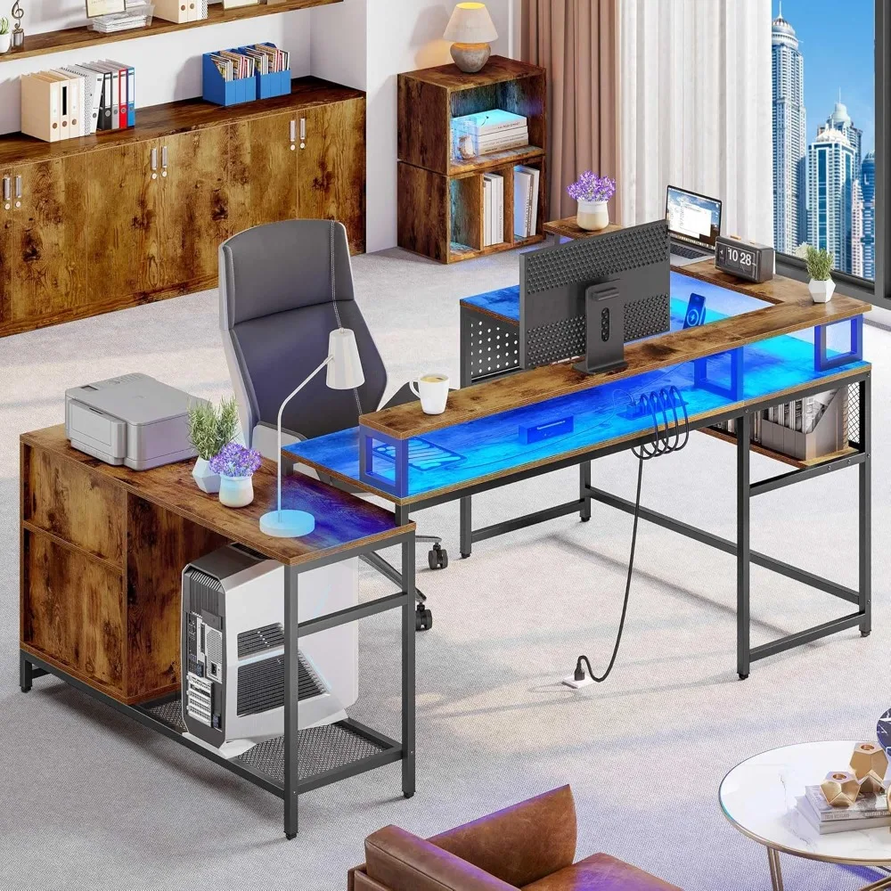 

U/L Shaped Desk with Drawers, Reversible Computer Desks with Power Outlets & LED Lights, Corner Desk Office Desk