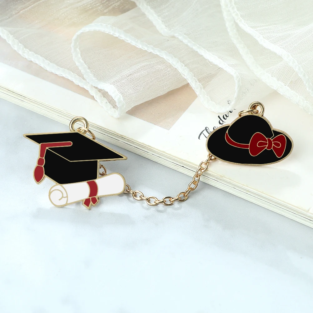 Cartoon Red Black Women Hat Trencher Cap Long Chain Brooch Set Women Coat Dress Lapel Pin Badges Friendship Enamel Pin Jewelry