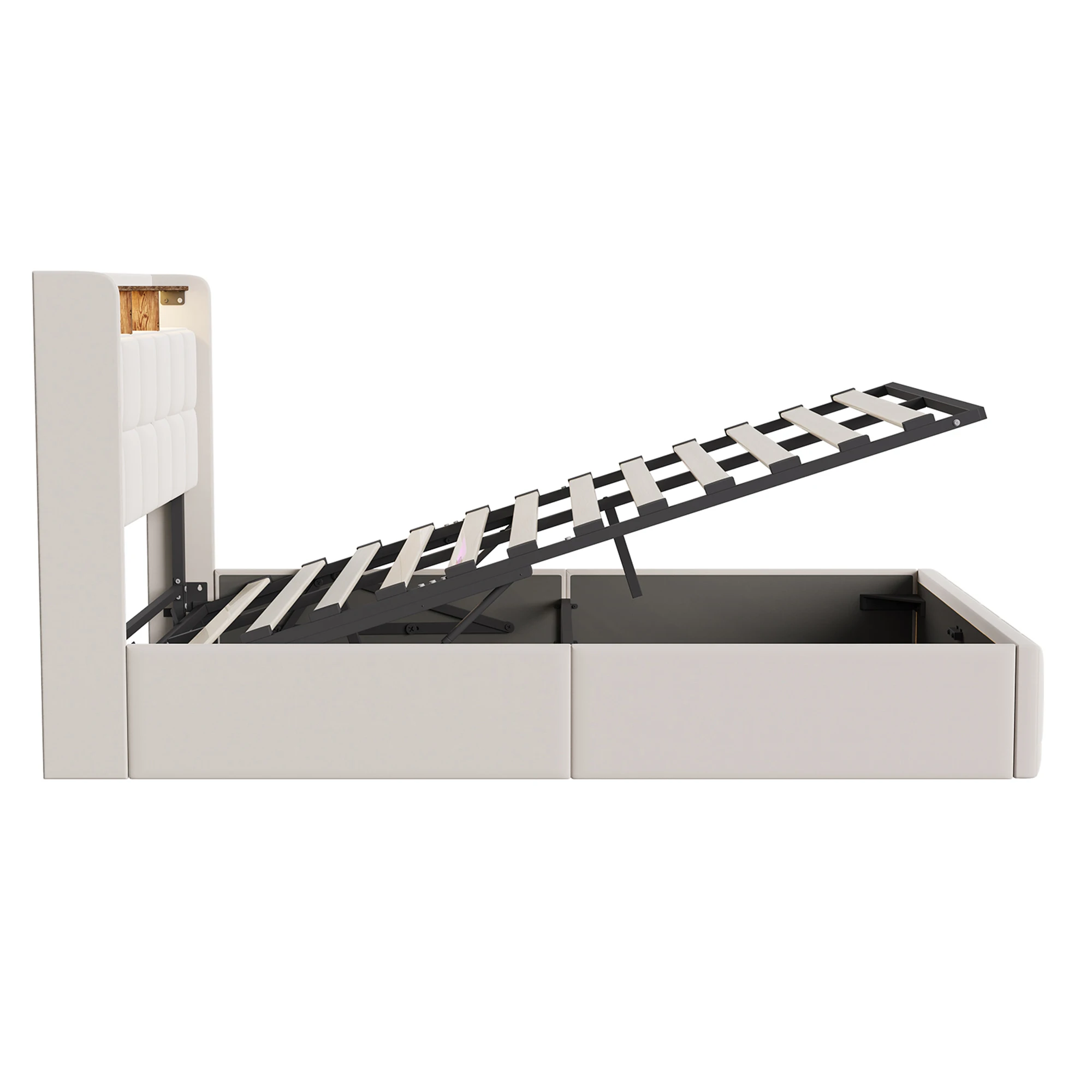 Anajqaqia Hydraulischer Stauraumbettrahmen mit LED-Beleuchtung, USB-Anschlüssen, Leinenbezogenes Plattformbett, Stauraum-Kopfteil, Grau/Beige – Detail 8