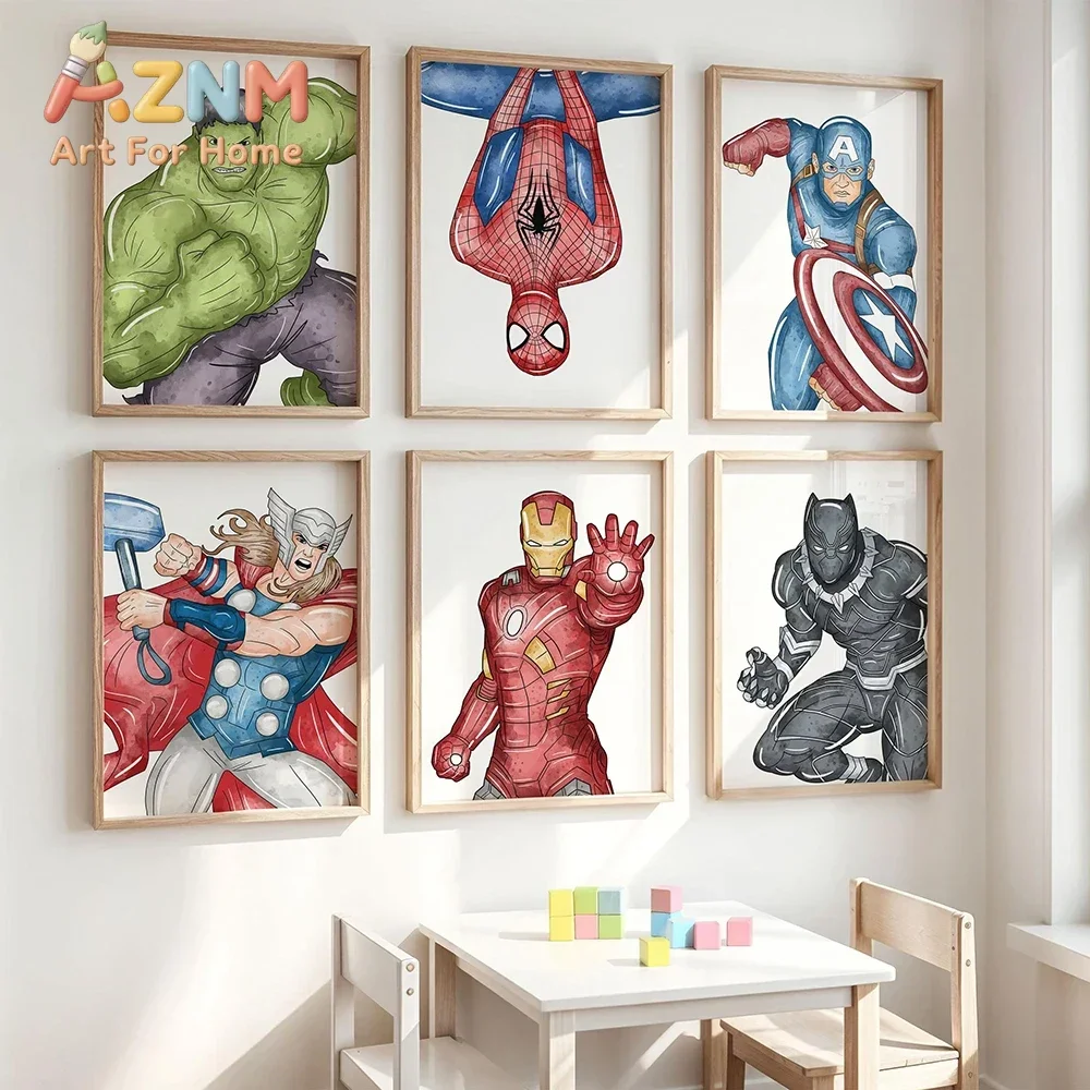 AZNM Watercolor Super Hero Canvas Wall Art Frameless Cartoon Character Print Poster for Kids Bedroom Home Wall Decor