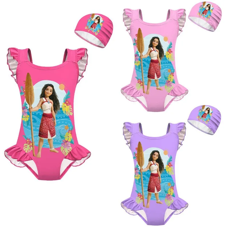 

Girls Moana Swimsuit One Piece Ruffle Swimwear with Hat Cartoon Print Bathing Suit Kids Beachwear Summer Vacation Outfit