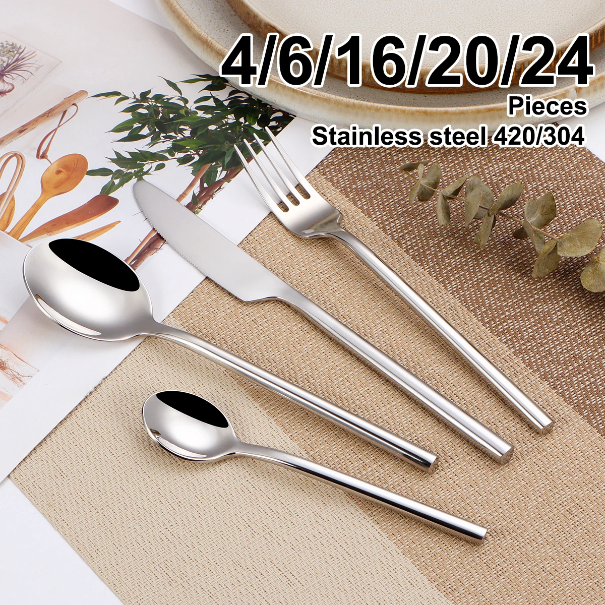 Set di posate in acciaio inox 304 da 4/6/16/20/24 pezzi, elegante set da tavola occidentale con coltello, forchetta e cucchiaio, finitura a specchio.