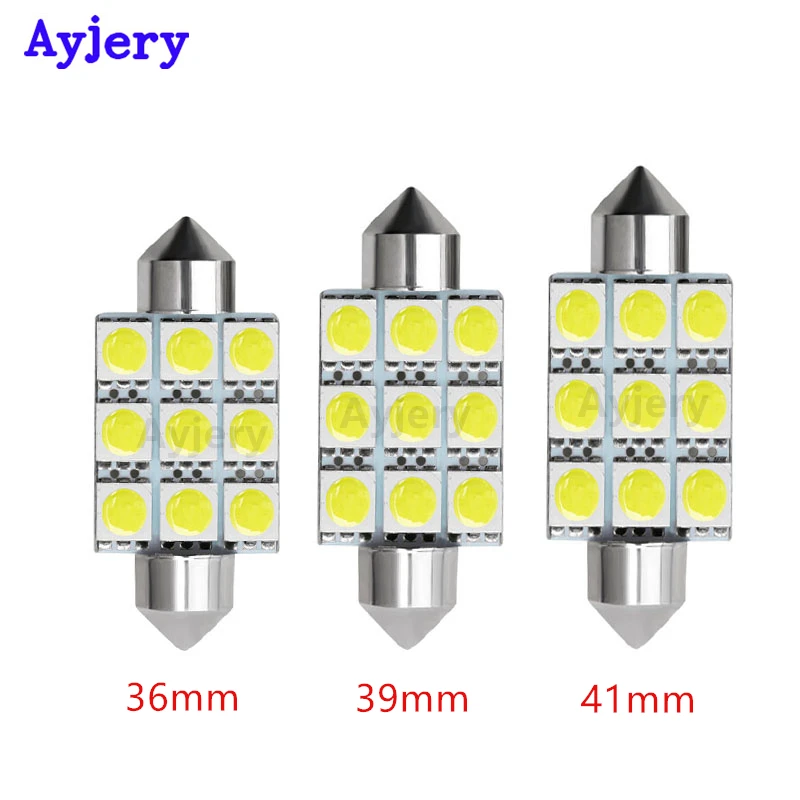 

AYJERY 50 PCS C5W White 5050 9 LED 31mm 36mm 39mm Festoon Dome LED Light Bulb 9 SMD Interior Idicator Lamp 12V Car Styling