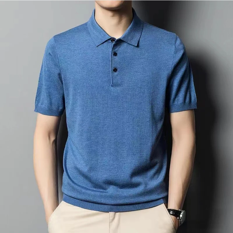

2025 Mulberry Silk Wool Sweater Polo Neck Pullovers Men's Loose Oversized S-3XL Knitted Bottom Shirt Summer New Casual Men Tee