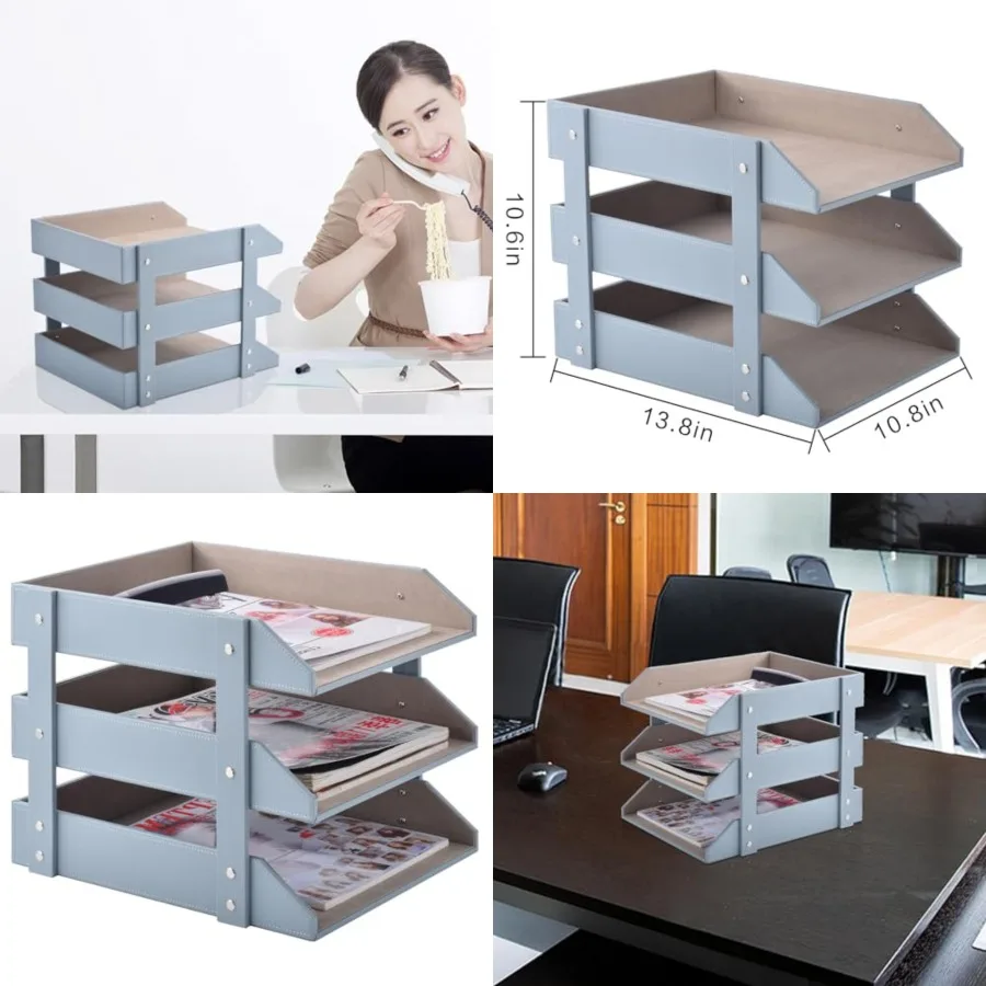 

Leather Desk Organize Holder, 3-Layer Stackable Letter Tray, Used to Store documents, Folders, Stationery, Magazines, Paper, an
