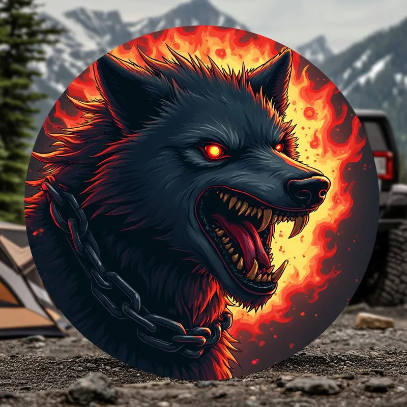 Roaring Wolf King Fiery Eyes Car Spare Tire Cover Universal Protector for RV Camper Trailer All Seasons