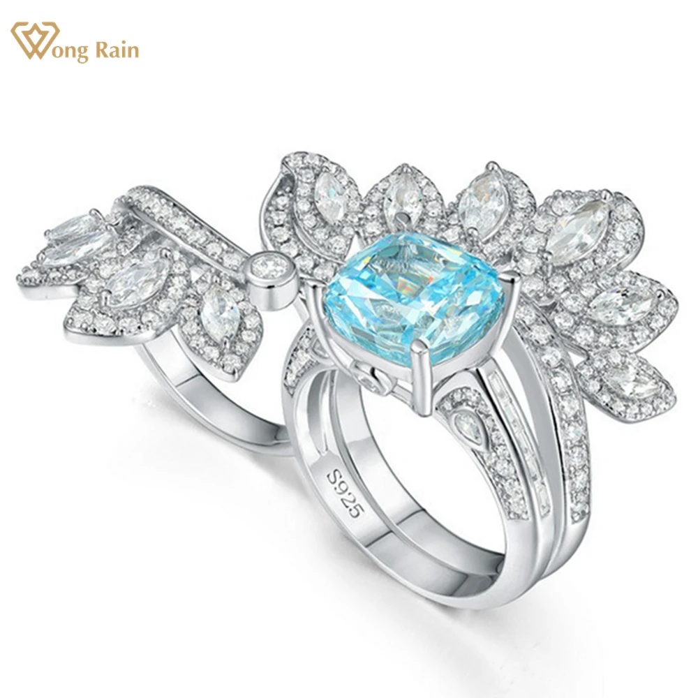 

Wong Rain 100% 925 Sterling Silver 10*10 MM Crushed Ice Cut Aquamarine Gemstone Fine Jewelry Cocktail Party Ring for Women Gifts