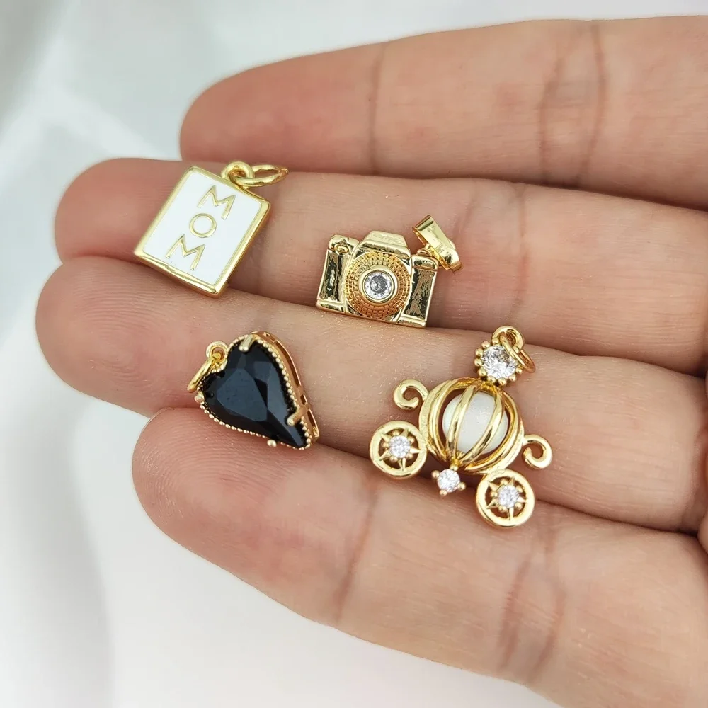 18k Gold Plated Inlaid Cubic Zirconia Pumpkin Cart Camera Black Heart Square Shape Alphabet Pendant for Women Girl DIY Jewelry