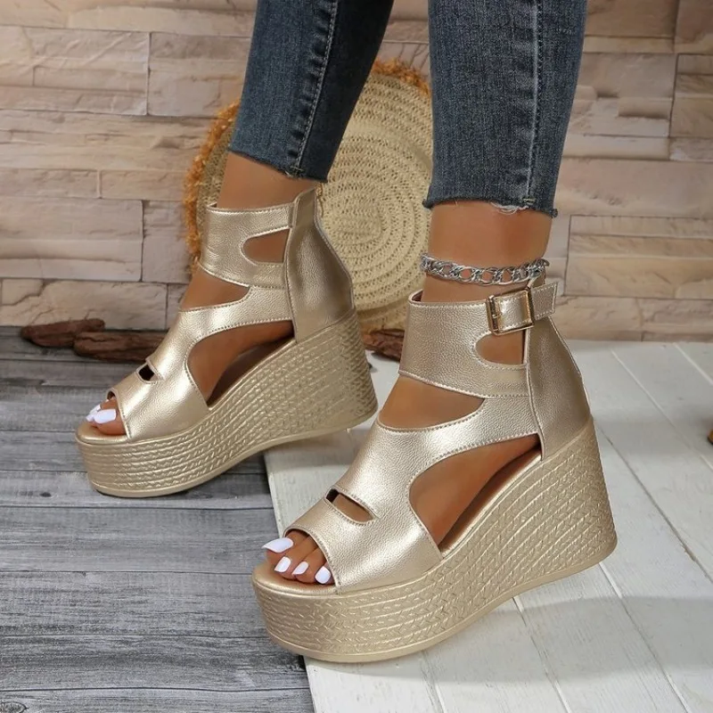 Damen Keilsandalen 2024 Neue Sommer High Heels Sandalen Damen Mode Strand Einfarbige Plateauschuhe für Frauen Sandalias De Mujer