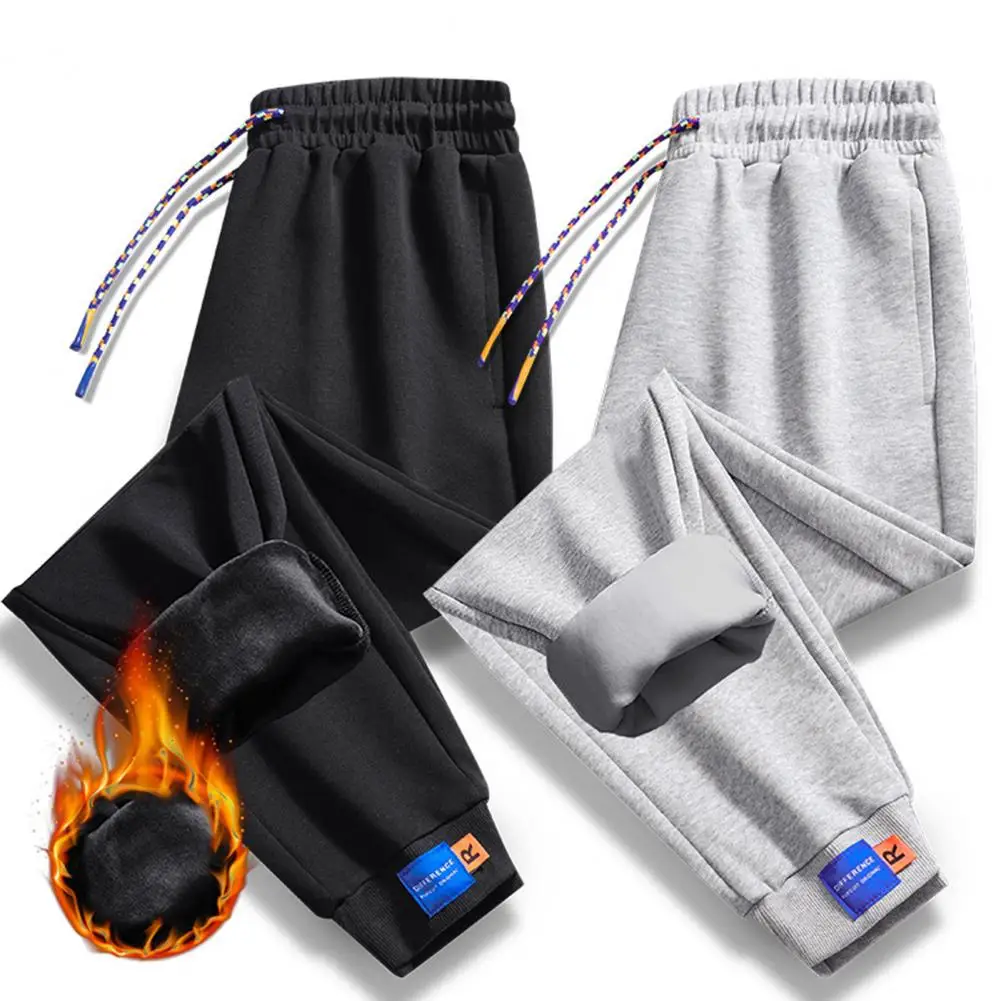 

Joggers Sweatpants Pockets Elastic Waist Loose Plush Lining Cold Proof Autumn Winter Ankle Tied Men Pants Trousers Streetwear