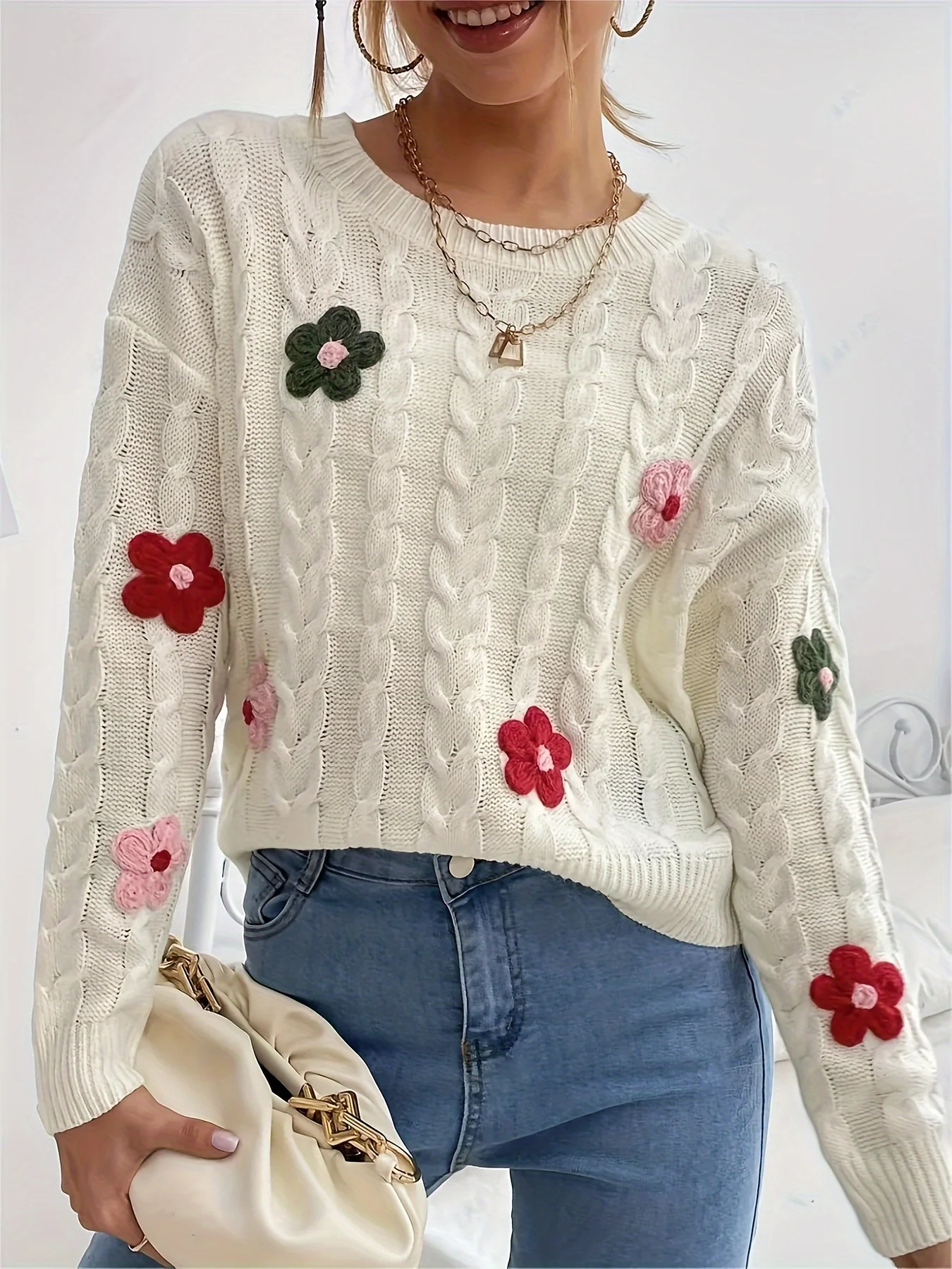 2024 New Wear Cute Flower Pattern Twist Weave Versatile girocollo Pullover maglione lavorato a maglia