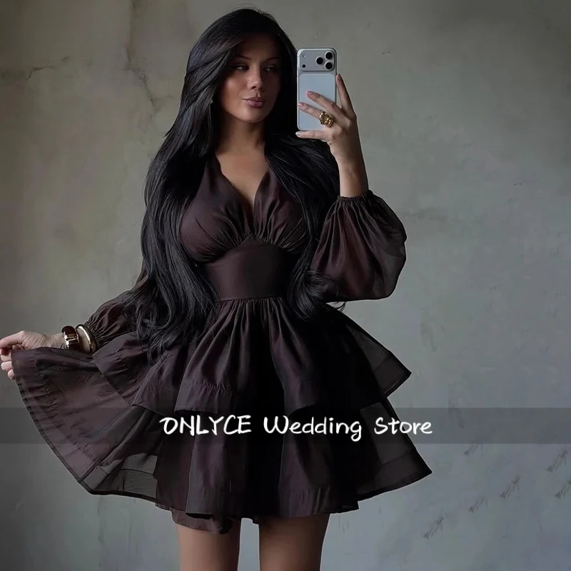 

Chocolate Elegant Prom Dresses V Neck Puff Sleeves Mini Dress Ruffles Tiered Party Gowns платье женское Customized