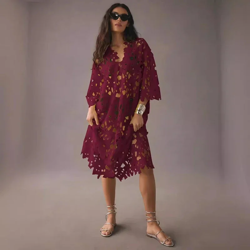 Summer Leisure Loose Beach Holiday Smock Lace Dress for Women Fashion Solid Color V Neck Splicing Embroidery Cutouts Dresses