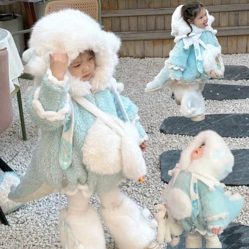 

Girls Fluffy Little Dinosaur Cosplay Cute Blue Jumpsuit with Bag Leg Warmers Tail Full Set Winter Warm Costume New Year Clothes