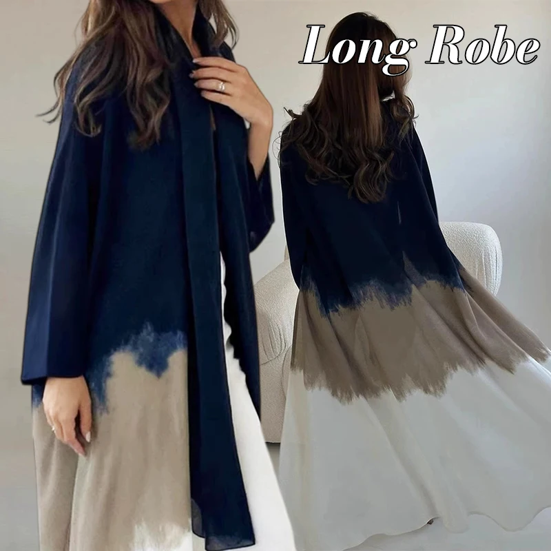 

Women Long Dress Muslim Clothing Fashionable Tie-Dye Printed Cape-Style Abaya for Summer Cardigan-Style Dress