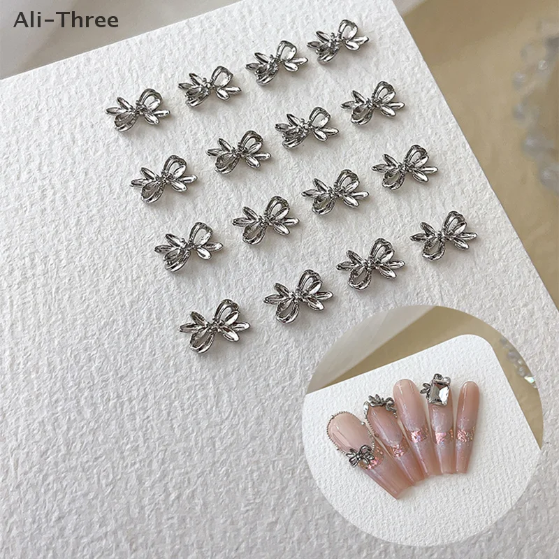 20 pezzi in lega d'argento con fiocco per unghie, nastro di lusso, ali di farfalla, metallo, nail art, strass, decorazione, accessori per manicure