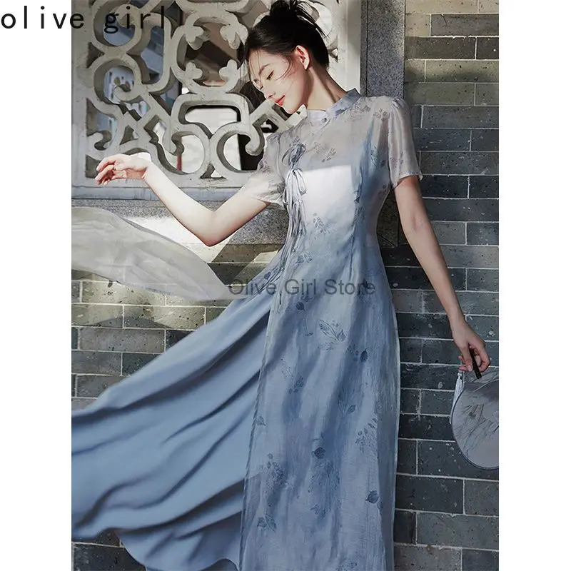 فستان صيني تقليدي محسّن شيونغسام للفتيات الصغيرات بدلة شاي صيفية مكونة من قطعتين فستان على الطراز الصيني تشيباو