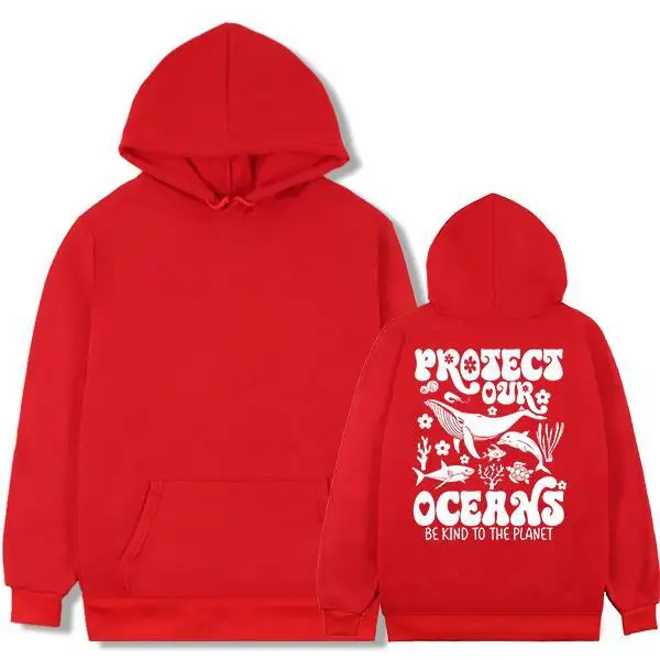 Jersey con capucha holgado y moderno, protegendo nuestro océano. Patrón de vida oceánica y eslogan de cuidar de la tierra. Casual tan