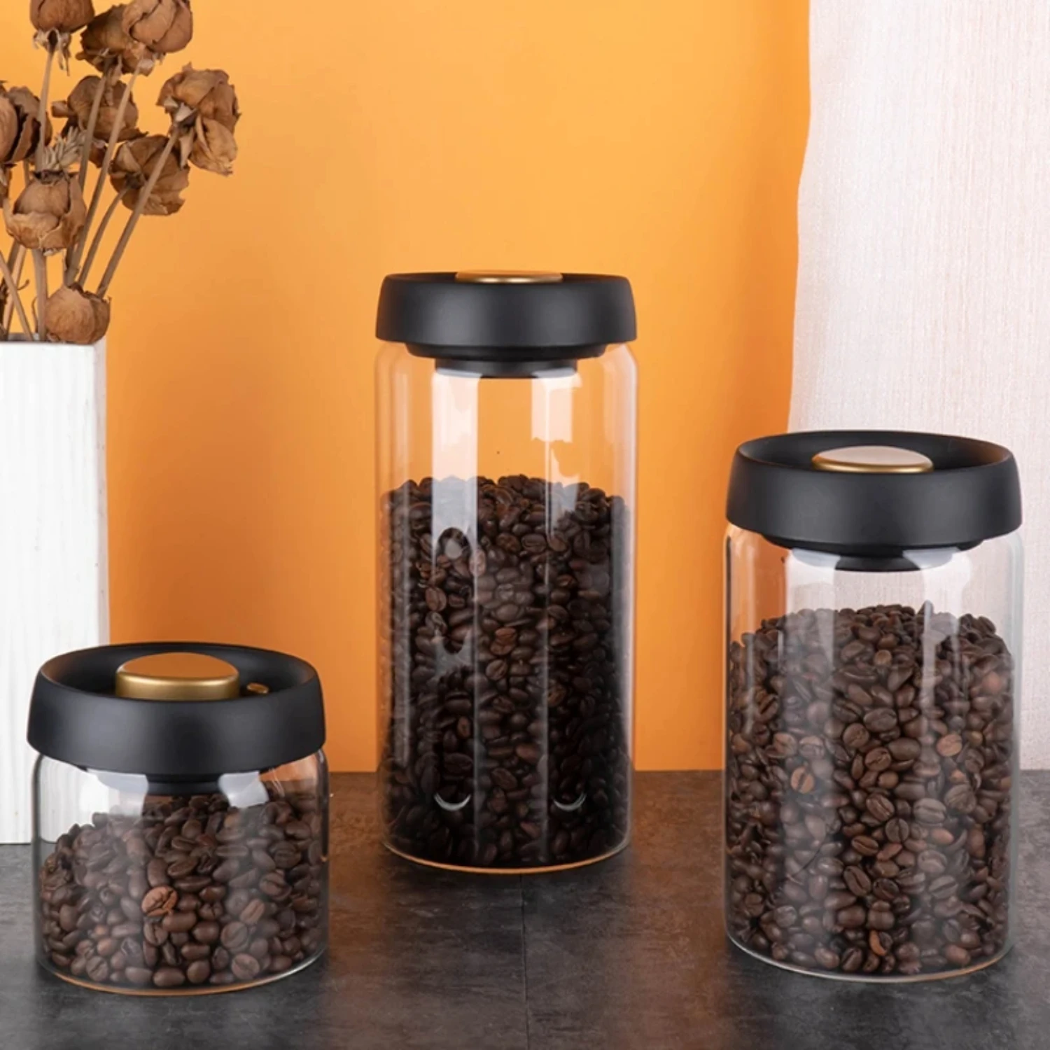 

Fresh Keeping Vacuum Sealed Glass Jug Airtight Canister for Coffee Beans, Food Grains and Candy - Kitchen Accessories to Preserv