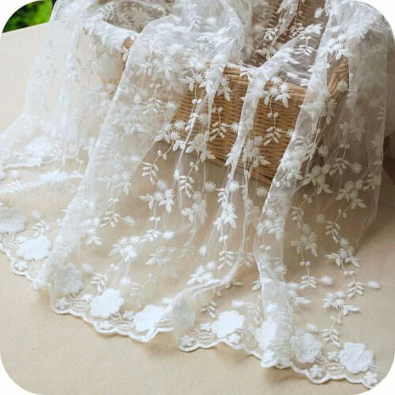 Cotton Sunflower Embroidered Lace Fabric Ivory Gauze Both Edges Tulle Fabric For Girl Dress  Wedding Dress Bridal Veil 1 Yard