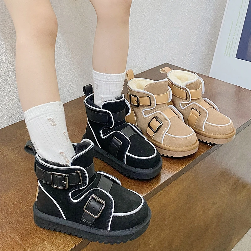 High Quality Children\'s Snow Boots Genuine Leather Winter New Boys Girls Suede Thick Plush Ankle Boots Kids Warm Shoes Size21-35