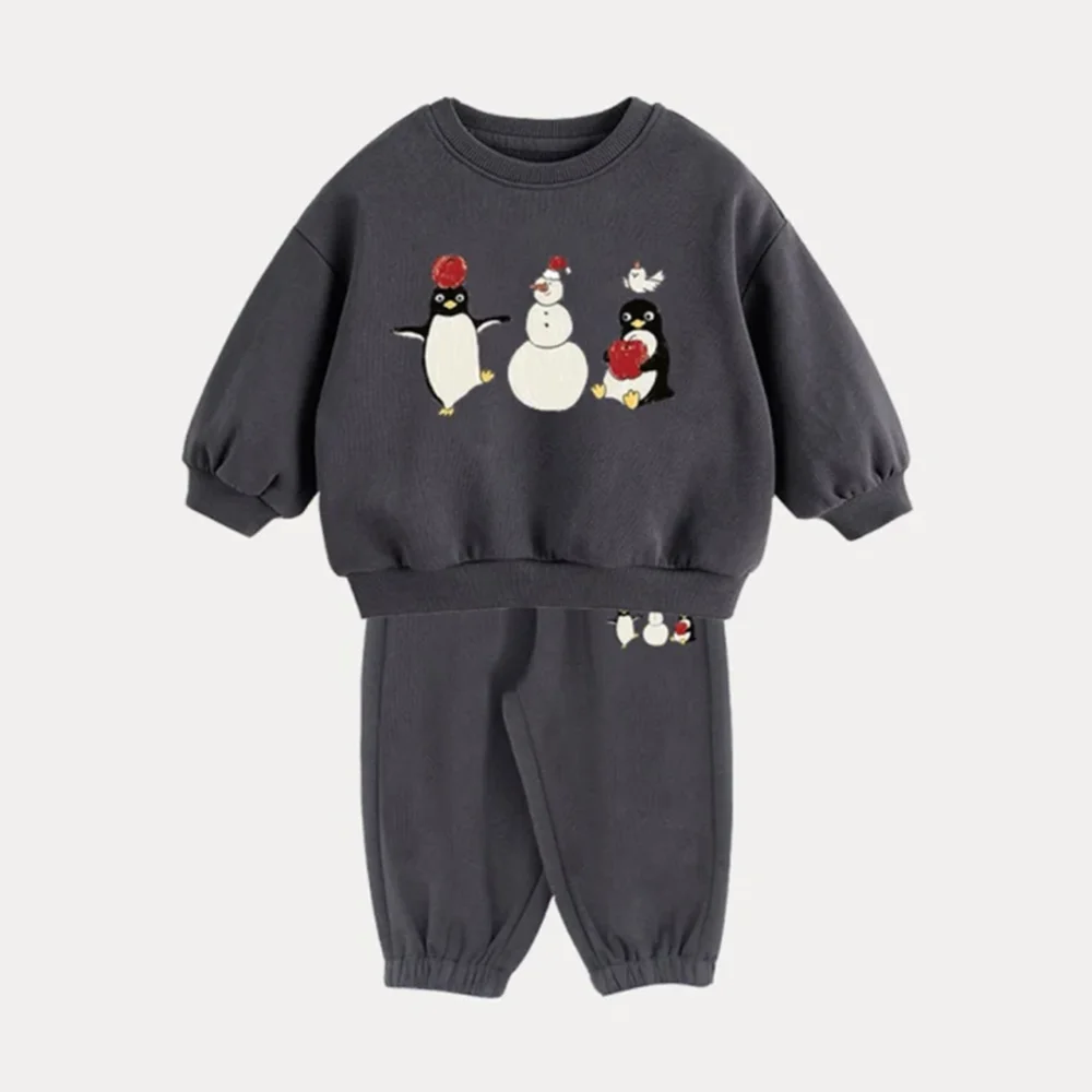 Outono inverno criança bebê menina ternos dos desenhos animados engrossar moletom + calça crianças menino roupas
