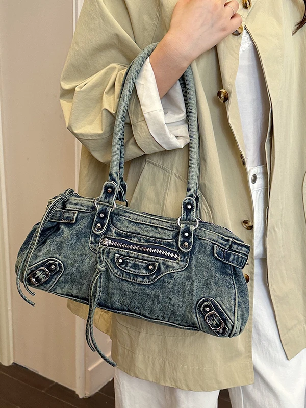 Washed Denim Motorcycle Bag Fashionable Retro Single Shoulder French Bread Bag Handbag Women's Bag with Zipper Closure