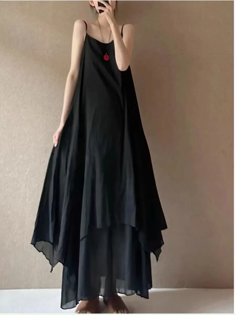 2024 Summer New Solid Cottton Camisole Dress Women Irregular Sleeveless Strap Holiday Casual Loose Long Dress X1138