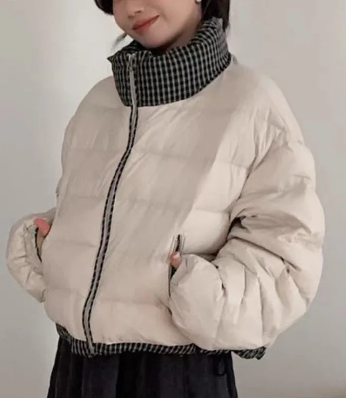2025 Otoño/Invierno nueva chaqueta de plumón para mujer chaqueta de plumón de pato blanco corta con rejilla de empalme para ir al trabajo