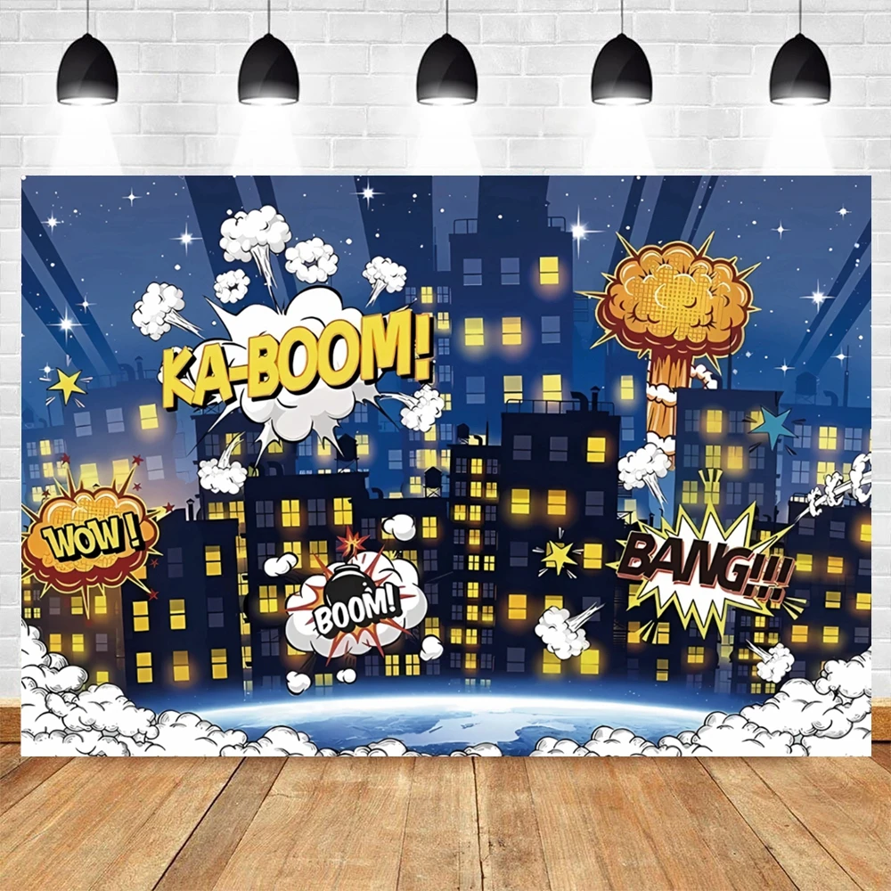 Superhero Comics Birthday Backdrop For Kids City Building Boom Super Hero Party Baby Shower Photo Background Photography Props