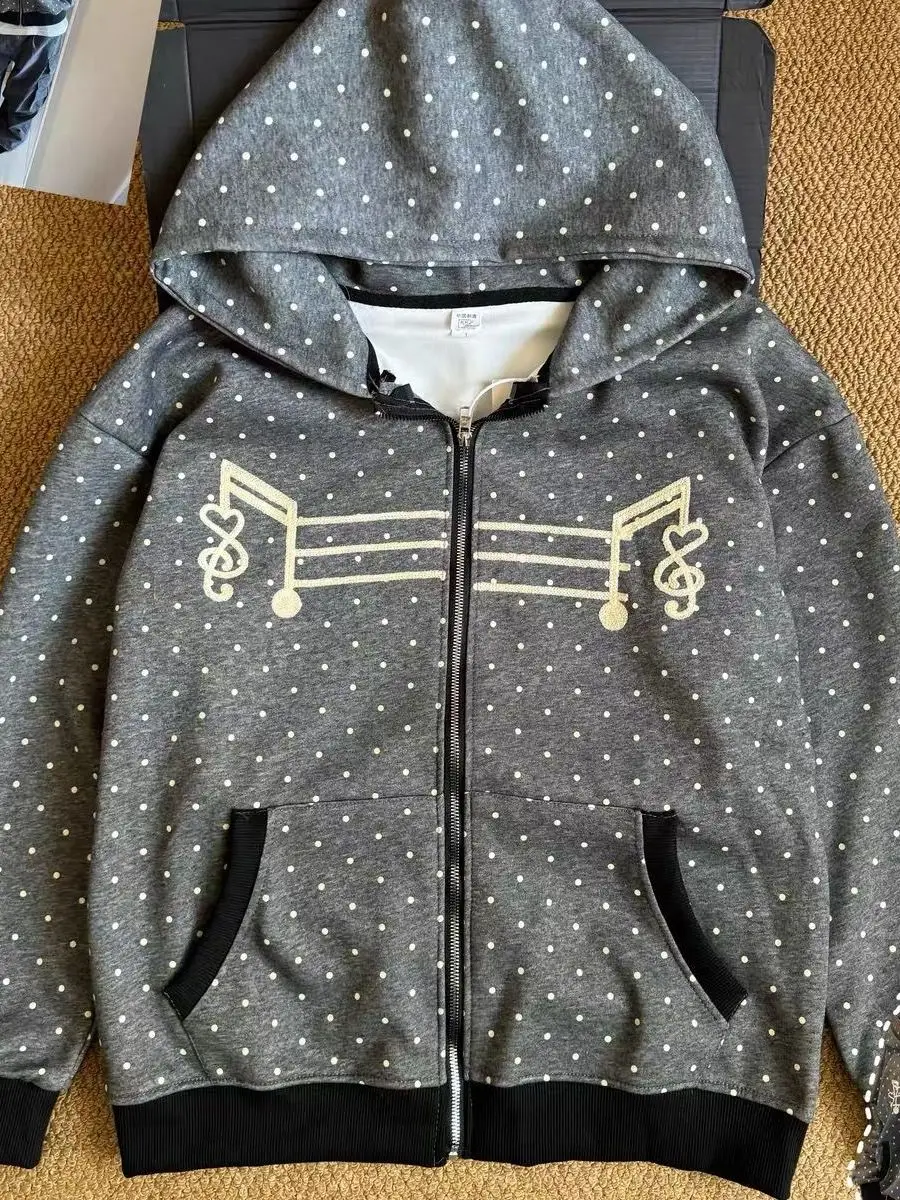 Korean Style Girls Note Embroidery Polka Dot Hoodie Women Early Autumn Loose Zipper Open Cardigan Outerwear Top